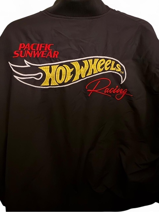 Pacific Sunwear Black Bomber Jacket with Red Flame Sleeves - Picture 2 of 2